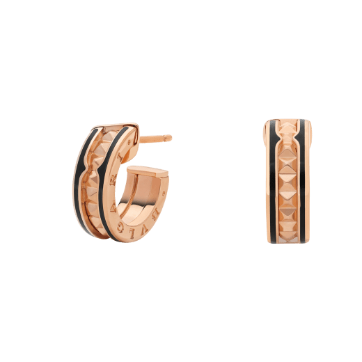 [✨ROSE💎]ZERO 1 ROCK PINK GOLD EARRINGS WITH STUDDED SPIRAL AND BLACK CERAMIC