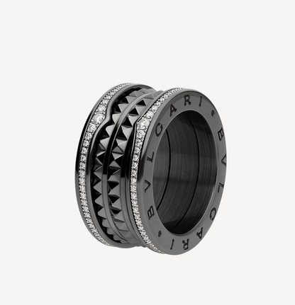 [✨ROSE💎]ZERO 1 ROCK FOUR-BAND BLACK CERAMIC WITH STUDDED SPIRAL AND PAVED DIAMONDS RING