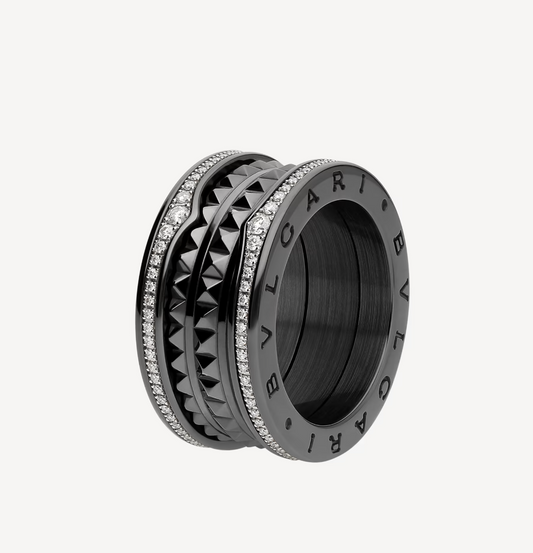 [✨ROSE💎]ZERO 1 ROCK FOUR-BAND BLACK CERAMIC WITH STUDDED SPIRAL AND PAVED DIAMONDS RING