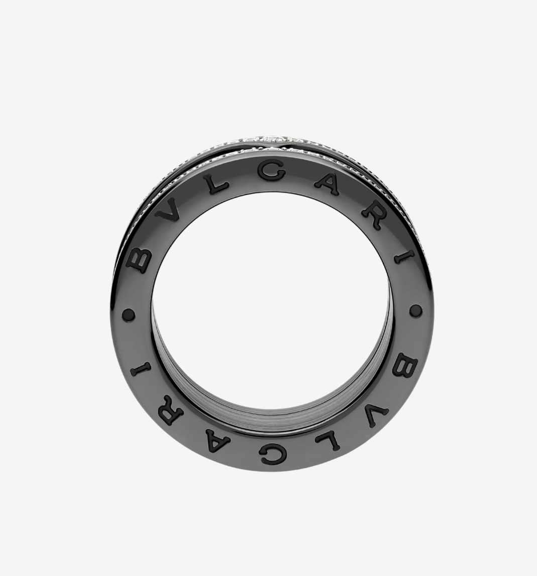 [✨ROSE💎]ZERO 1 ROCK FOUR-BAND BLACK CERAMIC WITH STUDDED SPIRAL AND PAVED DIAMONDS RING