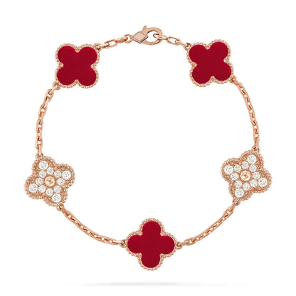 [✨ROSE💎] CLOVER 5 MOTIF RED CORNELIAN BRACELET COLLECTION