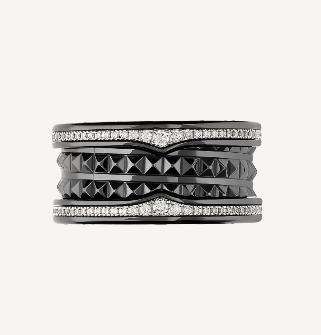 [✨ROSE💎]ZERO 1 ROCK FOUR-BAND BLACK CERAMIC WITH STUDDED SPIRAL AND PAVED DIAMONDS RING