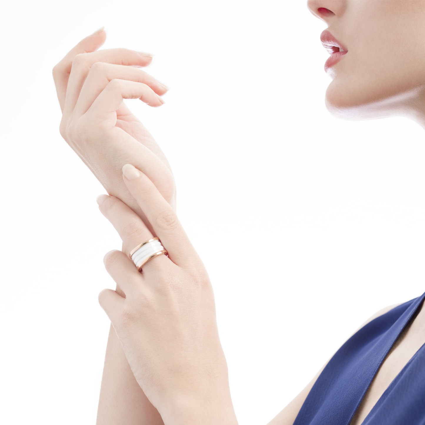 [✨ROSE💎]ZERO 1 FOUR-BAND LOOPS AND WHITE CERAMIC SPIRAL PINK GOLD RING