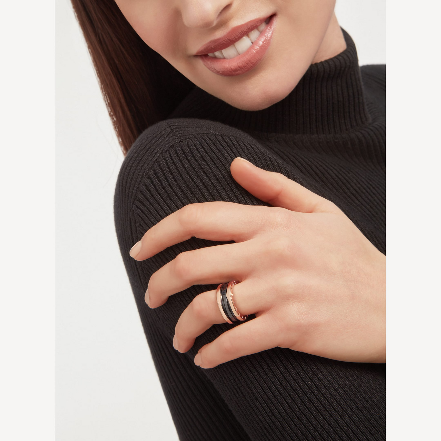 [✨ROSE💎]ZERO 1 TWO-BAND LOOPS AND BLACK CERAMIC PINK GOLD RING