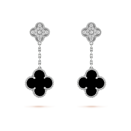 [✨ROSE💎]CLOVER 2 MOTIFS  DIAMOND ONYX EARRINGS SILVER