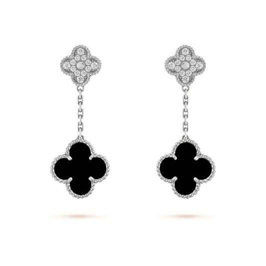 [✨ROSE💎]CLOVER 2 MOTIFS  DIAMOND ONYX EARRINGS SILVER