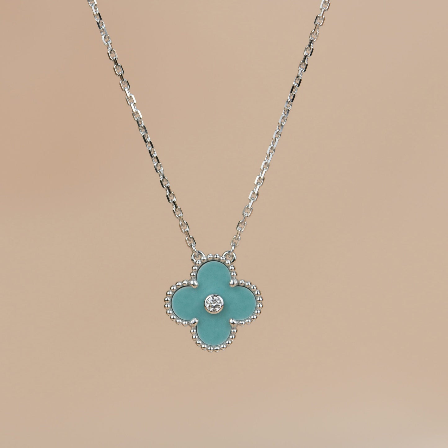 [✨ROSE💎]CLOVER 15MM DIAMOND SVRES PORCELAIN  NECKLACE SILVER