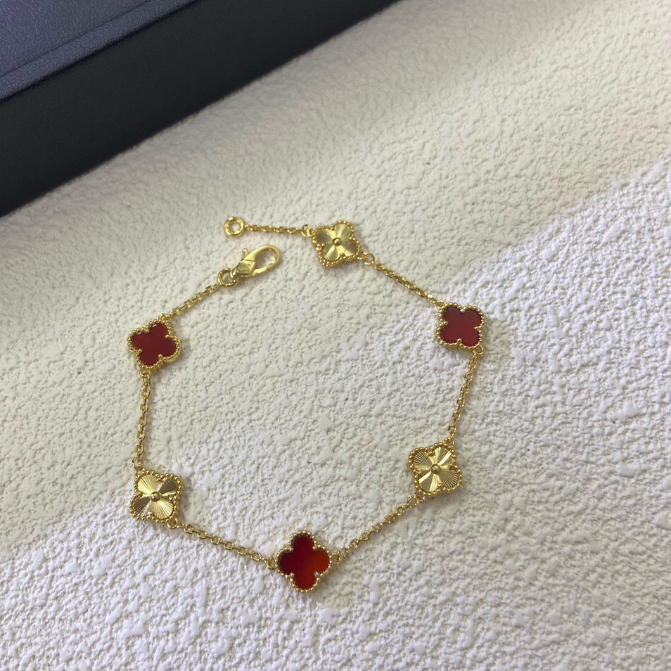 [✨ROSE💎]CLOVER 6 MOTIF RED AGATE LASER BRACELET