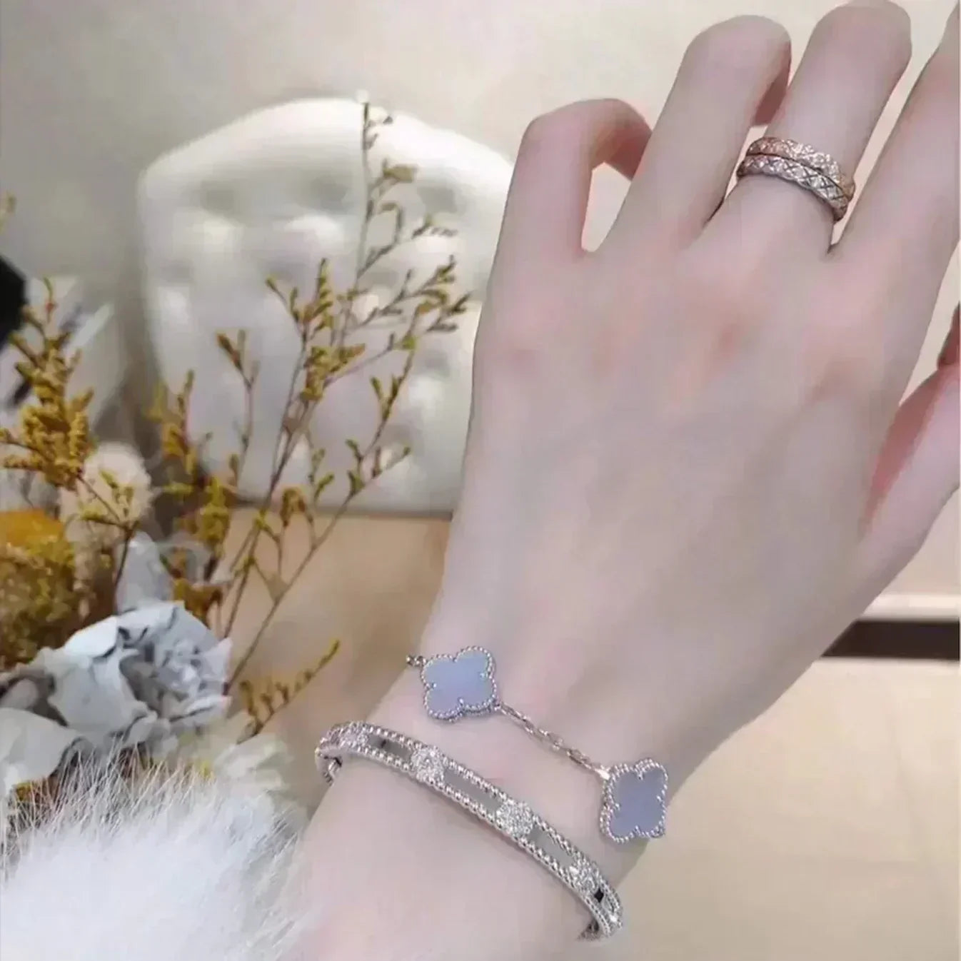 [✨ROSE💎] CLOVER 5 MOTIF PURPLE CHALCEDONY BRACELET COLLECTION
