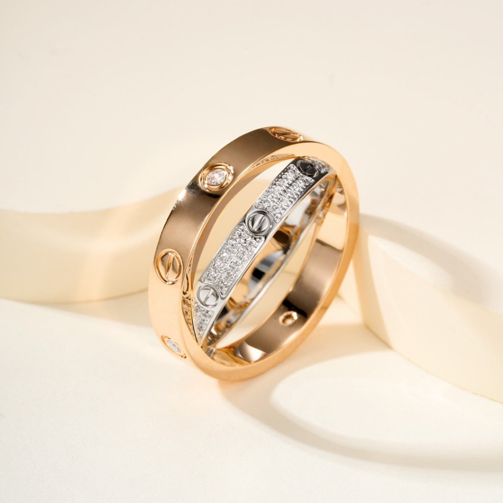 [✨ROSE💎]LOVE PINK GOLD SILVER DIAMOND DOUBLE RING