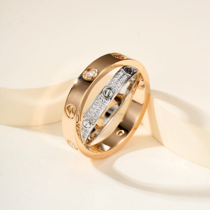 [✨ROSE💎]LOVE PINK GOLD SILVER DIAMOND DOUBLE RING