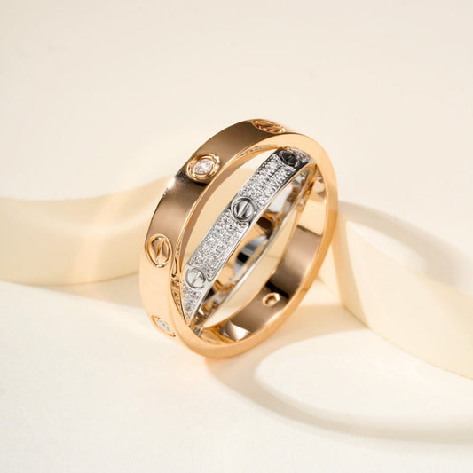 [✨ROSE💎]LOVE PINK GOLD SILVER DIAMOND DOUBLE RING