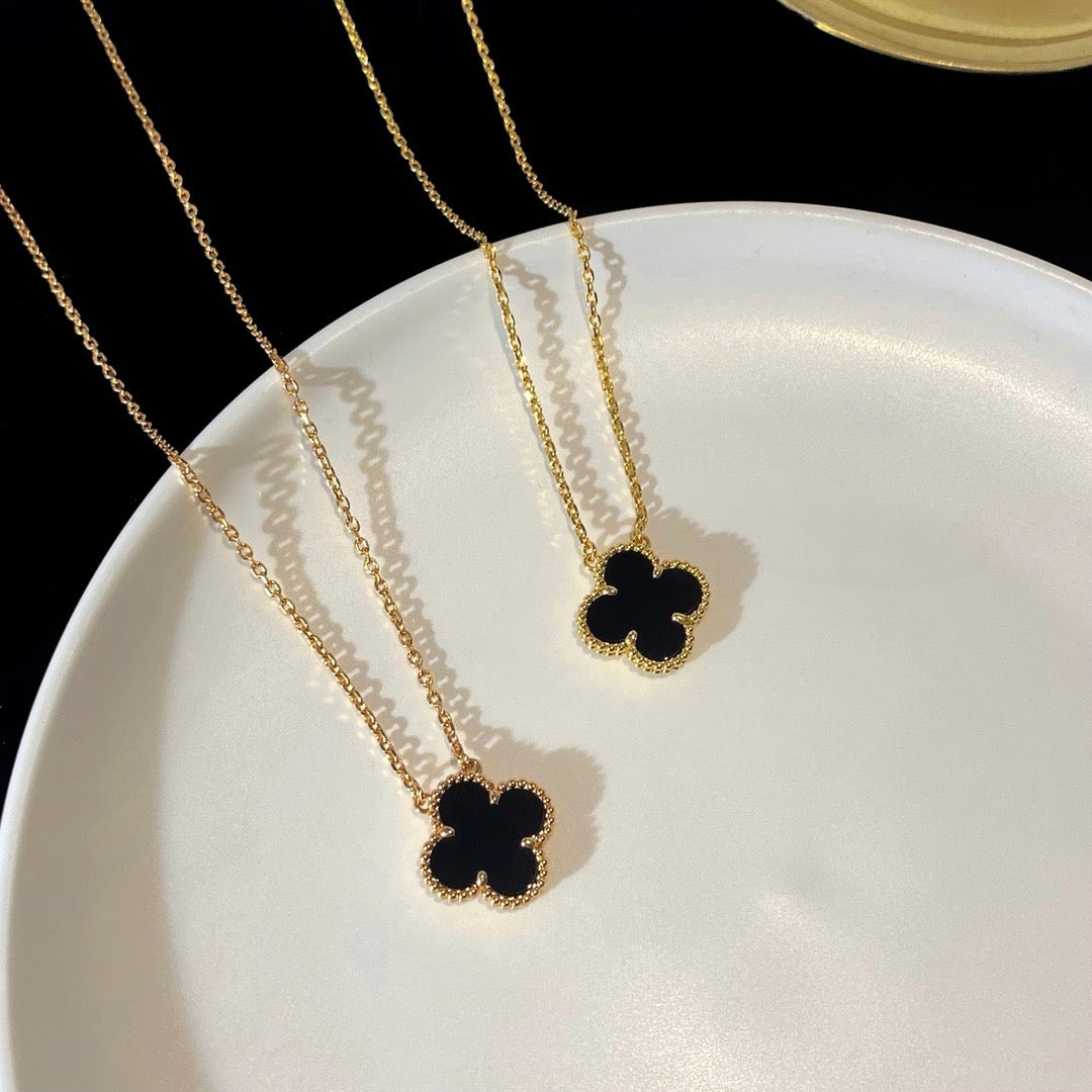 [✨ROSE💎]CLOVER 15MM BLACK ONYX SINGLE FLOWER NECKLACE