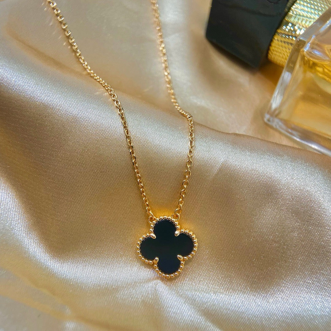 [✨ROSE💎]CLOVER 15MM BLACK ONYX SINGLE FLOWER NECKLACE