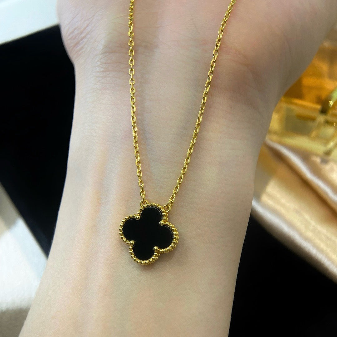 [✨ROSE💎]CLOVER 15MM BLACK ONYX SINGLE FLOWER NECKLACE