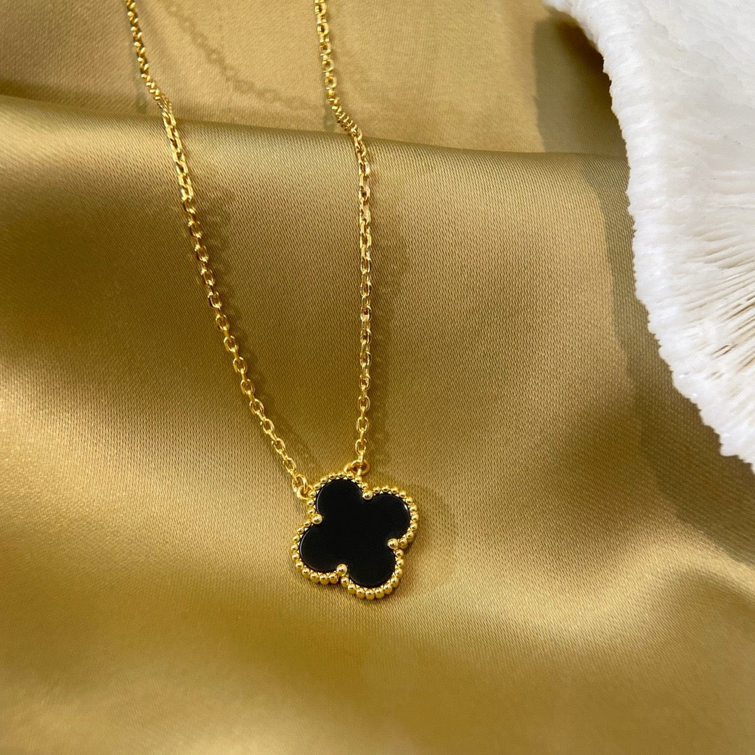 [✨ROSE💎]CLOVER 15MM BLACK ONYX SINGLE FLOWER NECKLACE