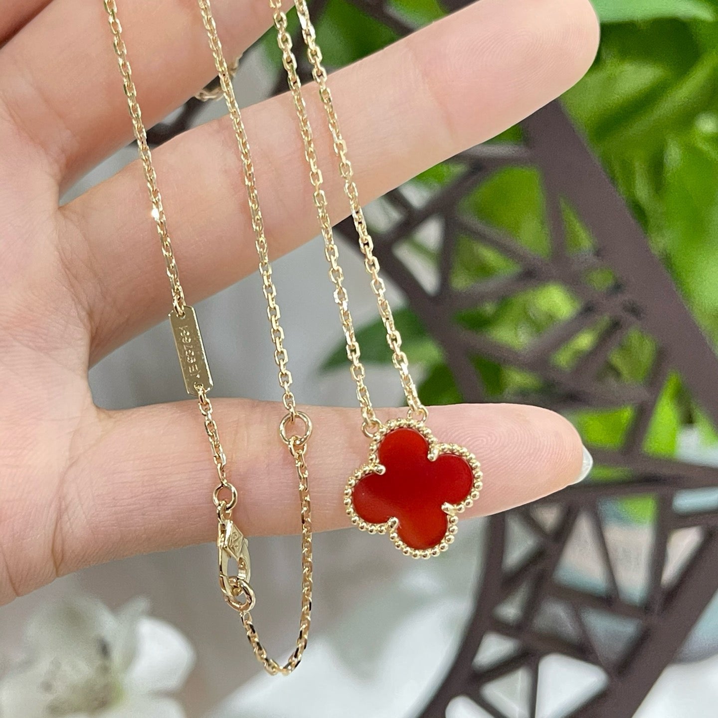 [✨ROSE💎]CLOVER 15MM CARNELIAN SINGLE FLOWER NECKLACE