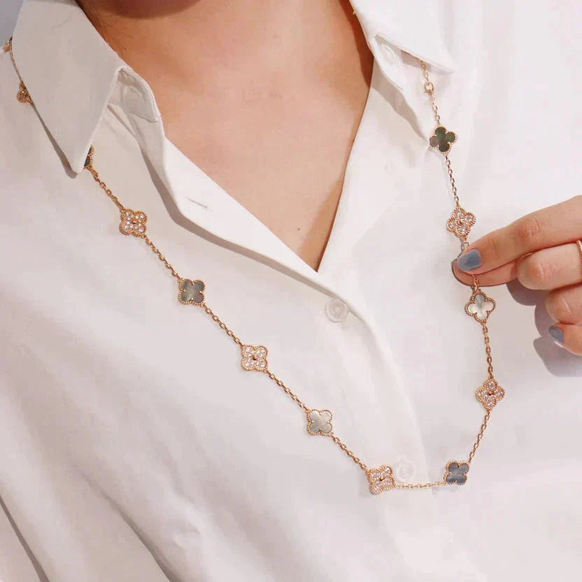 [✨ROSE💎]CLOVER 20 MOTIFS DARK MOP DIAMOND  NECKLACE