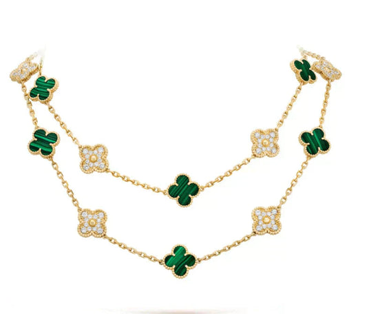 [✨ROSE💎]CLOVER 20 MOTIFS MALACHITE DIAMOND NECKLACE
