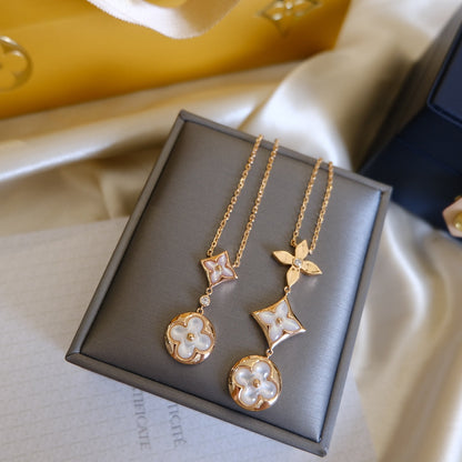 [✨ROSE💎]COLOR BLOSSOM LARIAT NECKLACE PINK GOLD WHITE MOTHER PEARL AND DIAMOND