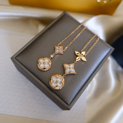 [✨ROSE💎]COLOR BLOSSOM LARIAT NECKLACE PINK GOLD WHITE MOTHER PEARL AND DIAMOND