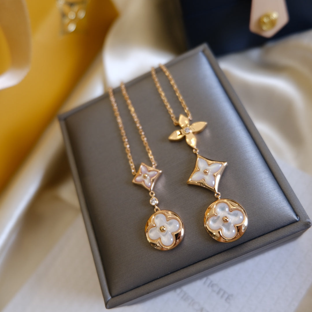[✨ROSE💎]COLOR BLOSSOM LARIAT NECKLACE PINK GOLD WHITE MOTHER PEARL AND DIAMOND