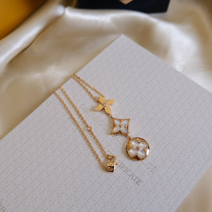 [✨ROSE💎]COLOR BLOSSOM LARIAT NECKLACE PINK GOLD WHITE MOTHER PEARL AND DIAMOND