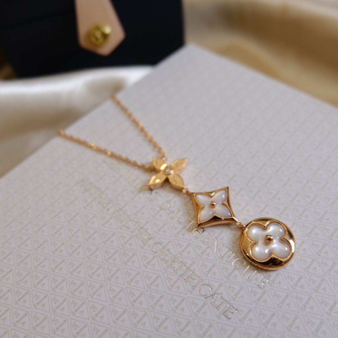 [✨ROSE💎]COLOR BLOSSOM LARIAT NECKLACE PINK GOLD WHITE MOTHER PEARL AND DIAMOND