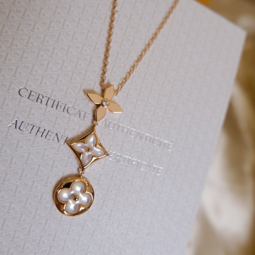 [✨ROSE💎]COLOR BLOSSOM LARIAT NECKLACE PINK GOLD WHITE MOTHER PEARL AND DIAMOND