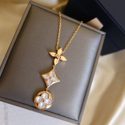 [✨ROSE💎]COLOR BLOSSOM LARIAT NECKLACE PINK GOLD WHITE MOTHER PEARL AND DIAMOND