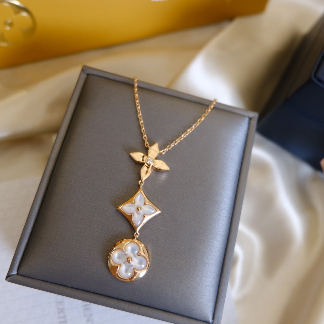 [✨ROSE💎]COLOR BLOSSOM LARIAT NECKLACE PINK GOLD WHITE MOTHER PEARL AND DIAMOND