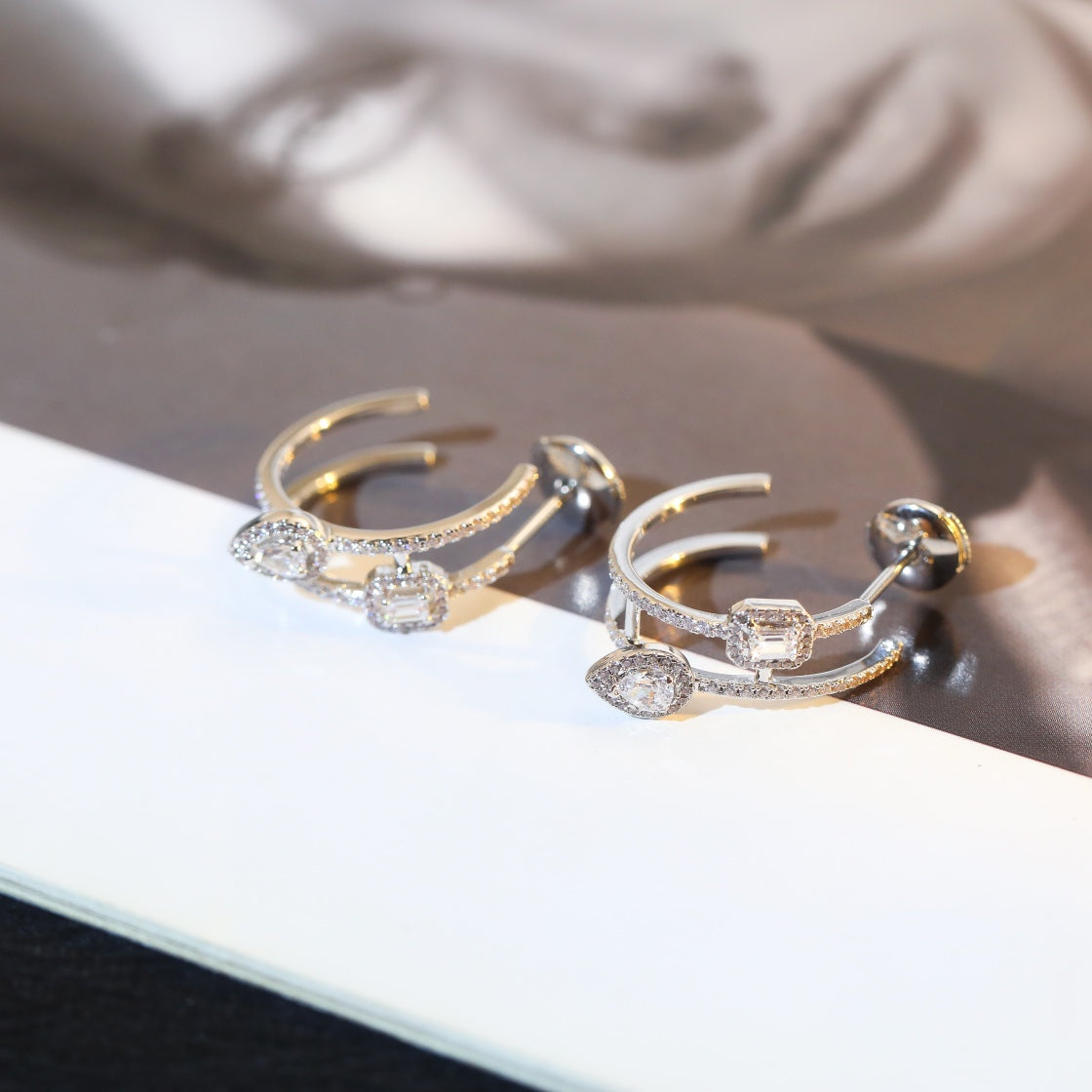 [✨ROSE💎]CREOLES MY TWIN 2 RANGS SILVER DIAMOND EARRINGS