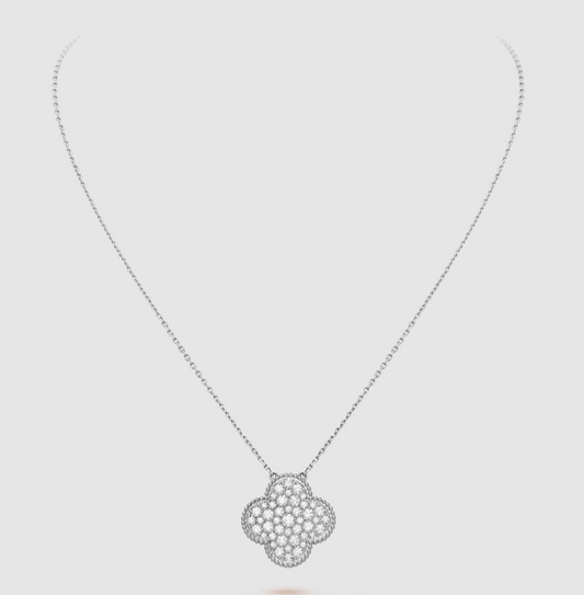[✨ROSE💎]CLOVER 25MM LARGE PENDANT DIAMOND PAVED SILVER NECKLACE