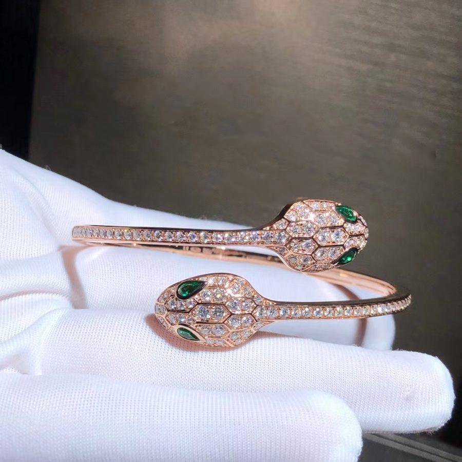 [✨ROSE💎]SERPENTI BRACELET PINK GOLD MALACHITE DIAMOND DOUBLE SNAKE