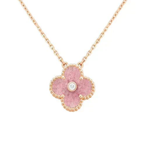 [✨ROSE💎]CLOVER 15MM DIAMOND RHODONITE NECKLACE