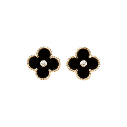 [✨ROSE💎]CLOVER MEDIUM 1 MOTIFS ONYX DIAMOND EARRINGS
