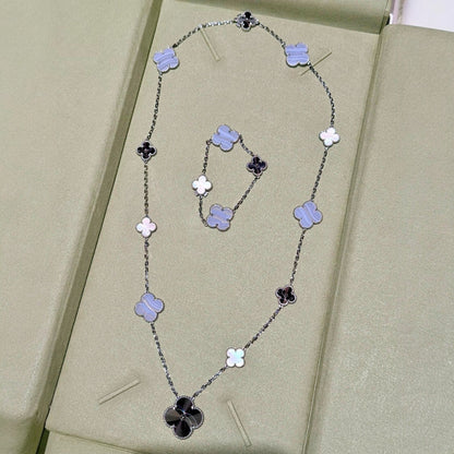 [✨ROSE💎]DETACHABLE CLOVER 15(11+4) FLOWER SILVER NECKLACE SET