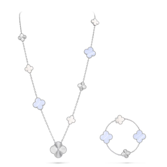 [✨ROSE💎]DETACHABLE CLOVER 15(11+4) FLOWER SILVER NECKLACE SET