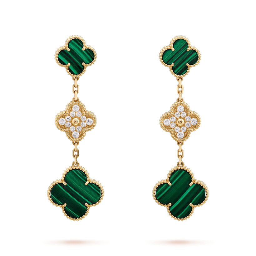 [✨ROSE💎]CLOVER EARRINGS GOLD MALACHITE DIAMOND 3 MOTIF