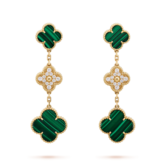 [✨ROSE💎]CLOVER EARRINGS GOLD MALACHITE DIAMOND 3 MOTIF
