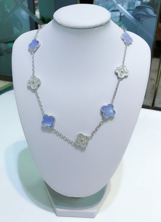 [✨ROSE💎]CLOVER 10 MOTIFS CHALCEDONY DIAMONDS SILVER NECKLACE