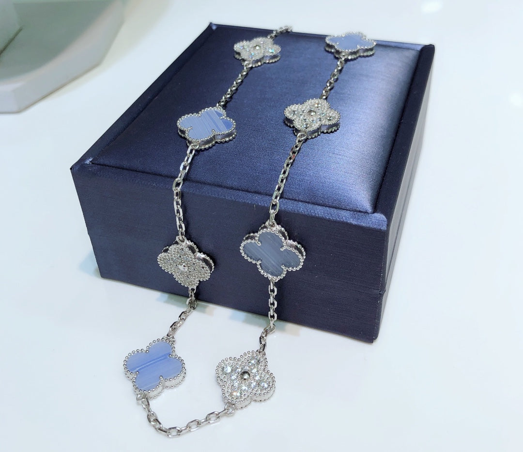 [✨ROSE💎]CLOVER 10 MOTIFS CHALCEDONY DIAMONDS SILVER NECKLACE