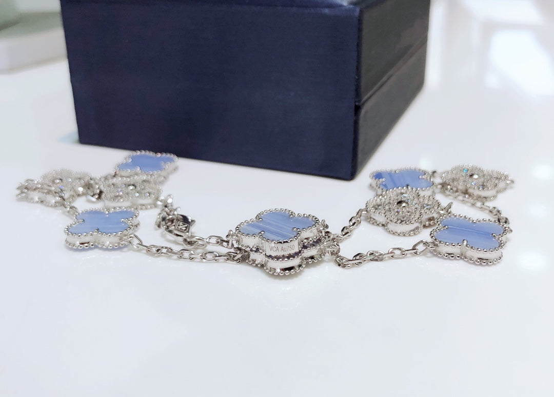 [✨ROSE💎]CLOVER 10 MOTIFS CHALCEDONY DIAMONDS SILVER NECKLACE