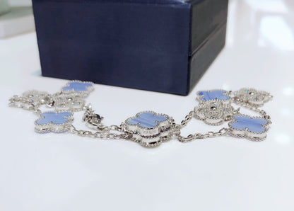[✨ROSE💎]CLOVER 10 MOTIFS CHALCEDONY DIAMONDS SILVER NECKLACE