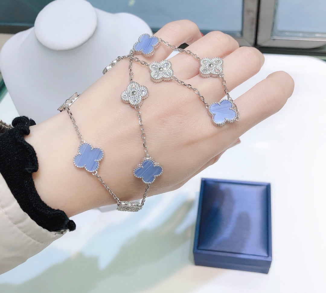 [✨ROSE💎]CLOVER 10 MOTIFS CHALCEDONY DIAMONDS SILVER NECKLACE