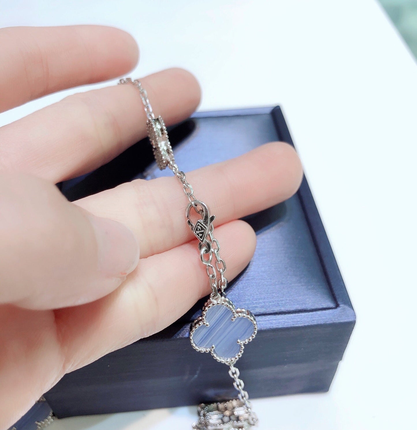 [✨ROSE💎]CLOVER 10 MOTIFS CHALCEDONY DIAMONDS SILVER NECKLACE
