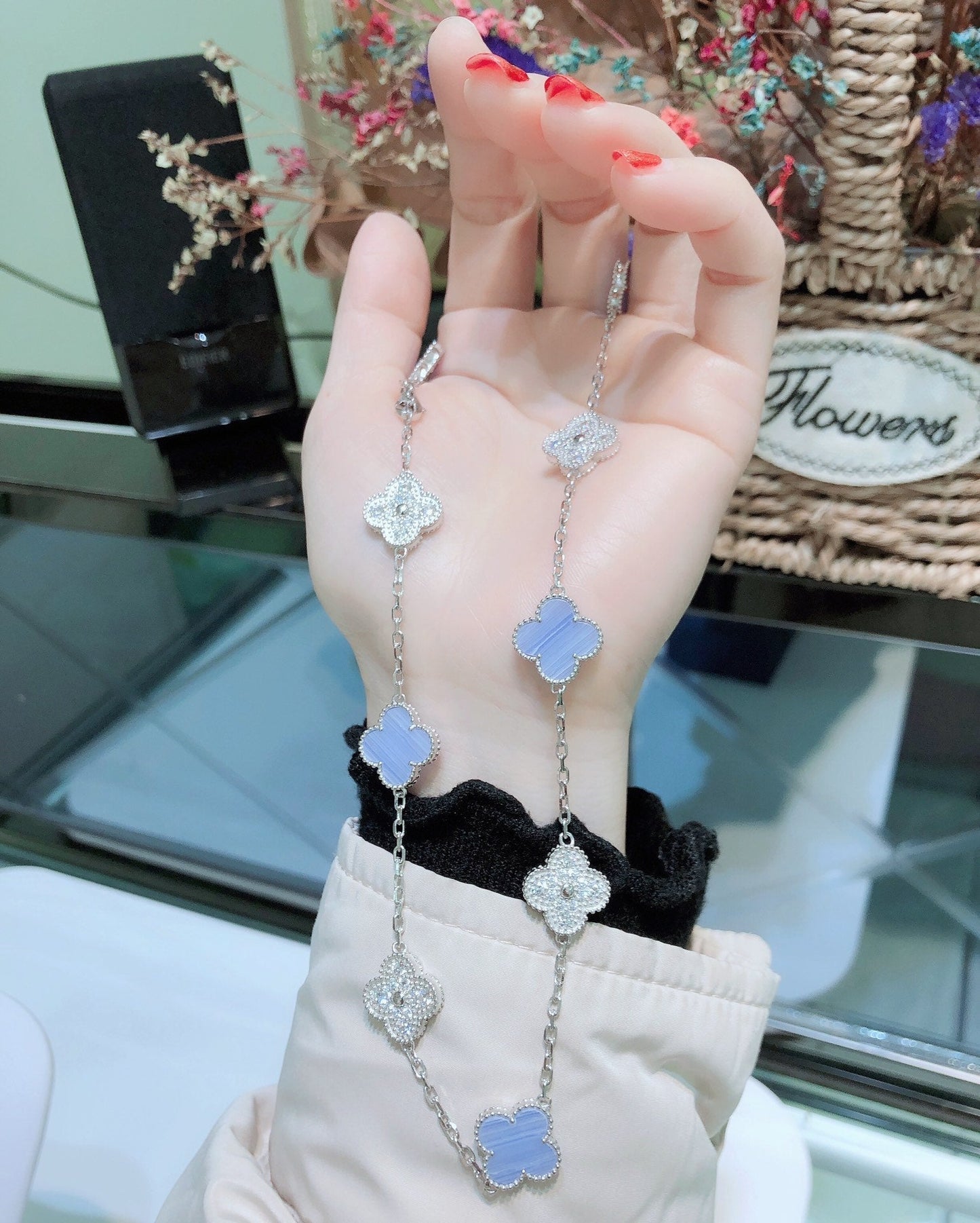 [✨ROSE💎]CLOVER 10 MOTIFS CHALCEDONY DIAMONDS SILVER NECKLACE